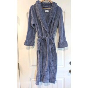 Carole Hochman Hooded Fleece Robe Blue Belted Plush Bathrobe Cozy Lounge